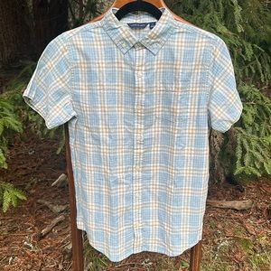🆕Janie and Jack linen/cotton plaid shortsleeve button down shirt brn/blu/crm 16